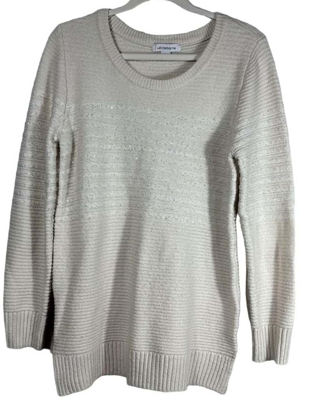 Liz Claiborne Women's Ivory Ribbed Knit Pullover Sweater with Sequin Accents Siz